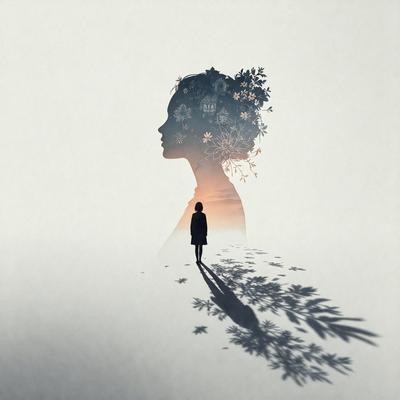 The primary subject of the image is a woman's silhouette, which is depicted as a shadow. She is walking down a path, and there are trees in the background. The visual style of the image is a combination of photo and digital art, creating a unique and artistic representation of the woman. The colors in the image are predominantly shades of gray and white, giving the scene a calm and serene atmosphere.